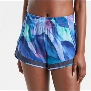 Athleta Printed Mesh Racer Run Short 4” “ Make a Splash “ Blue multi print